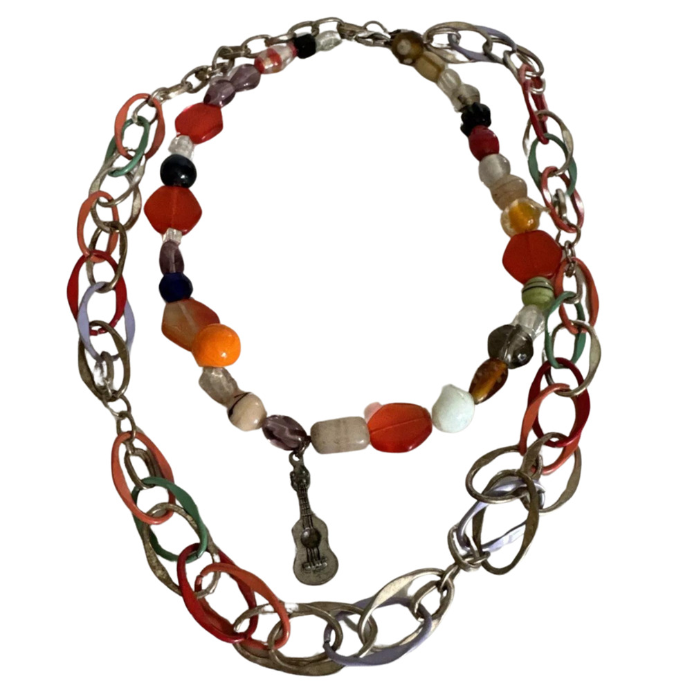 Women’s Vintage Necklaces Two Pieces Beads Silver Metal Long 28" Boho Hippie